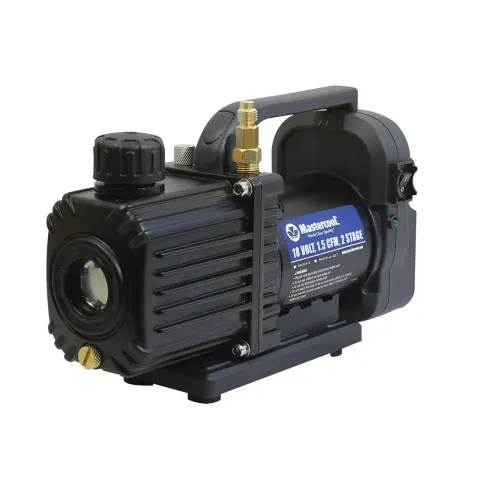 Mastercool 90058 Cordless 2-Stage Vacuum Pump with 1/4 in. SAE Port, 6A Battery, Charger, and Adapter Sleeve, 1.5 CFM, 18V