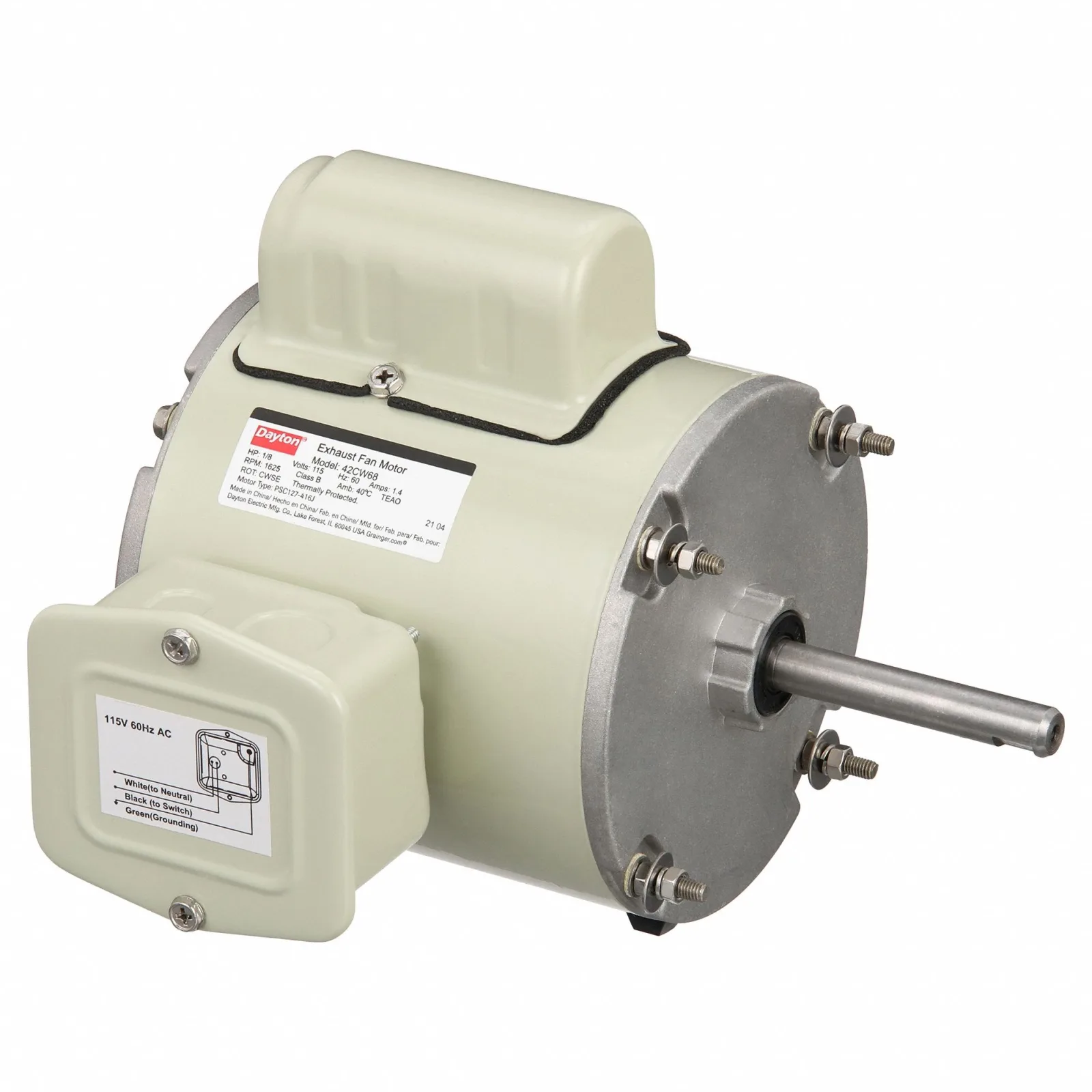 DAYTON Corrosion Resistant Direct Drive Motor: 1/8 HP, 1,625 Nameplate RPM, 115V AC, Non-Std Frame